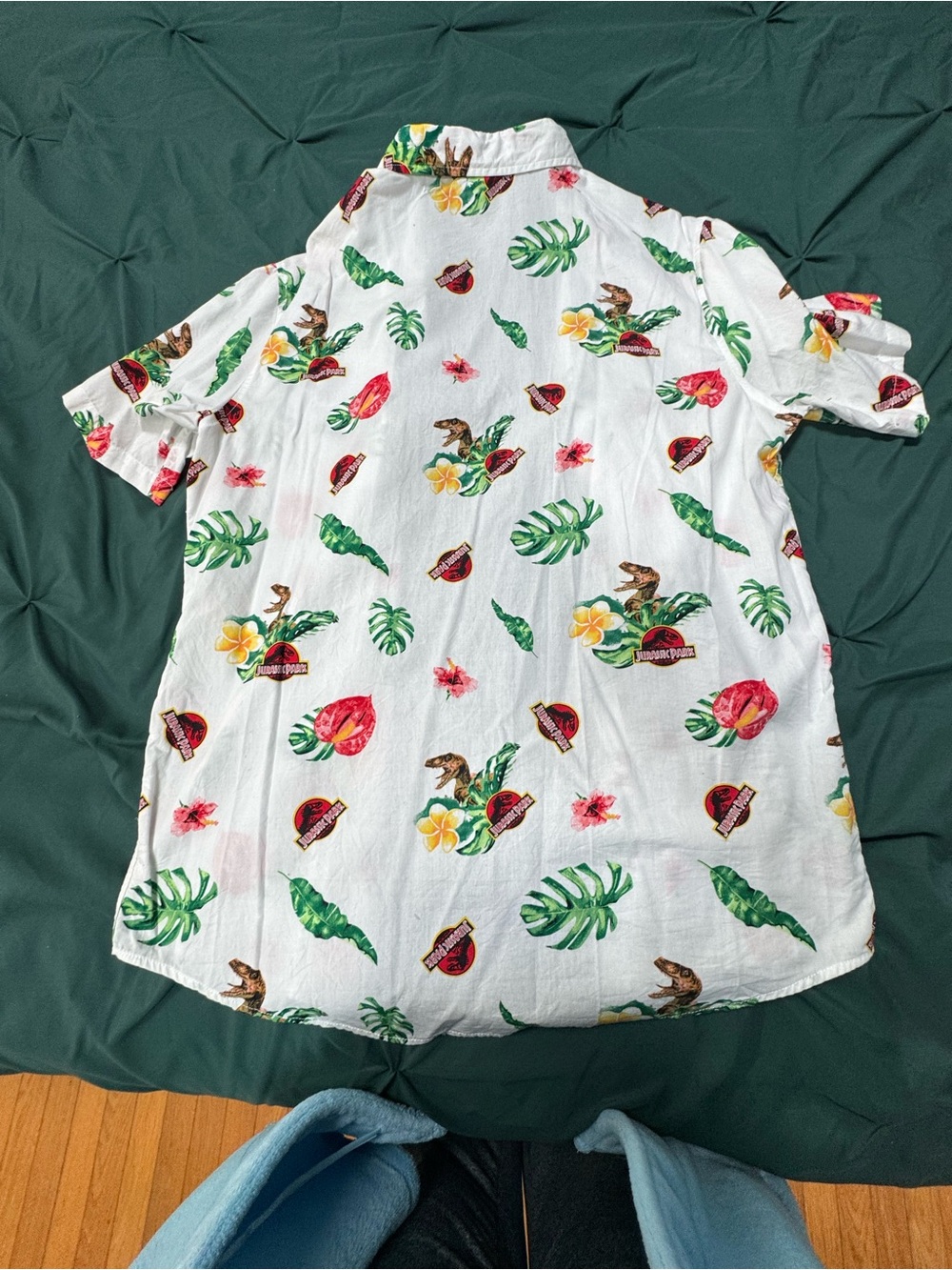 Jurassic Park White Tropical Print Short Sleeve Button-Down Shirt - Picture 4 of 6